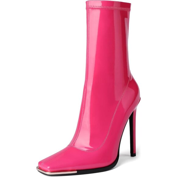 Women's Pink Mid Calf Comfy Square Closed Toe Heel Zipper Short Ankle Boots - Picture 1 of 8